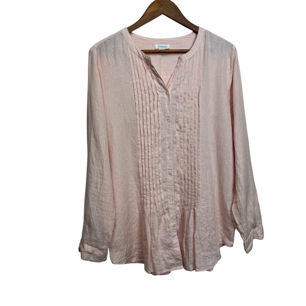 SUNDANCE Catalog $98 Pleated 100% Linen Button Up Shirt Top Size Large